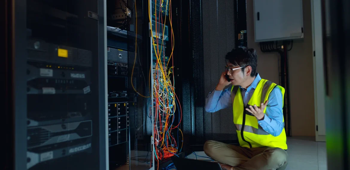 IT specialist coordinating an incident response beside network infrastructure