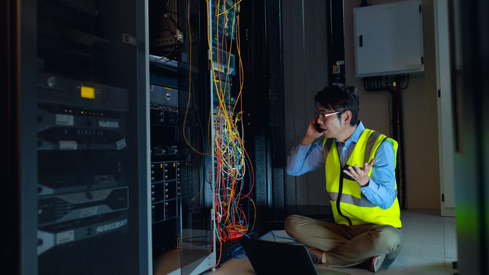 IT specialist coordinating an incident response beside network infrastructure