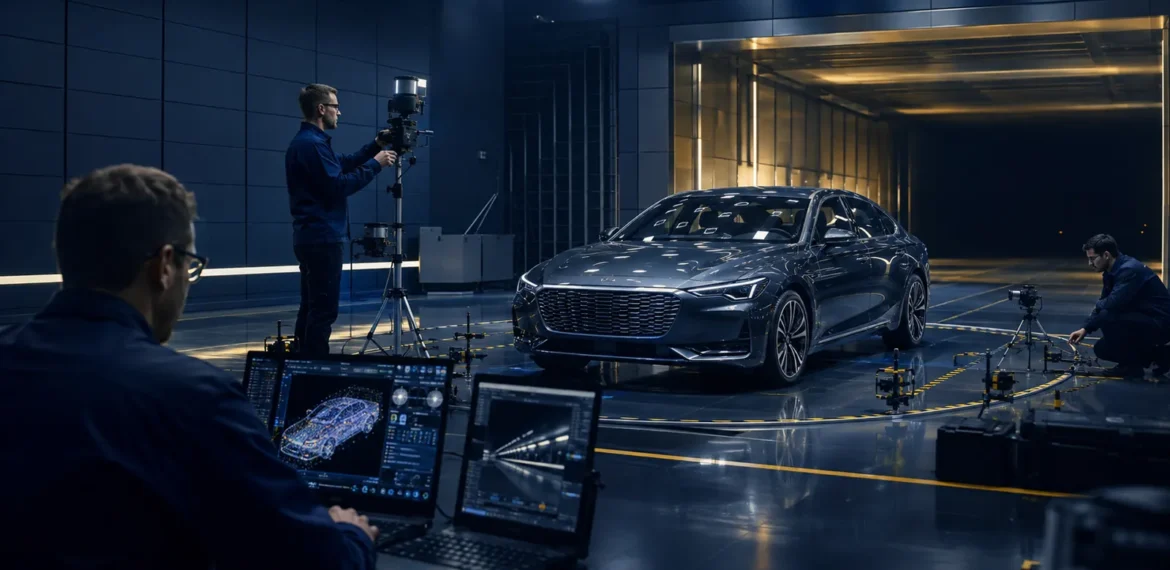 Engineers validating automotive AI sensors and safety systems in a controlled facility