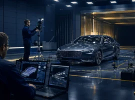 Engineers validating automotive AI sensors and safety systems in a controlled facility