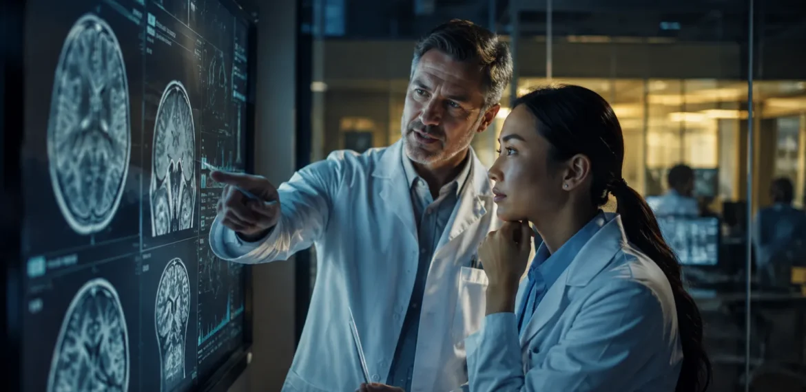 Medical researchers reviewing diagnostic imaging and clinical evidence together