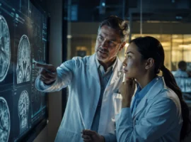Medical researchers reviewing diagnostic imaging and clinical evidence together