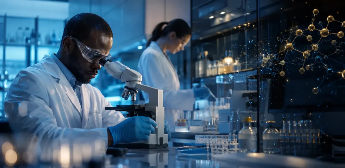 Pharmaceutical researchers using advanced laboratory methods for AI-assisted drug discovery