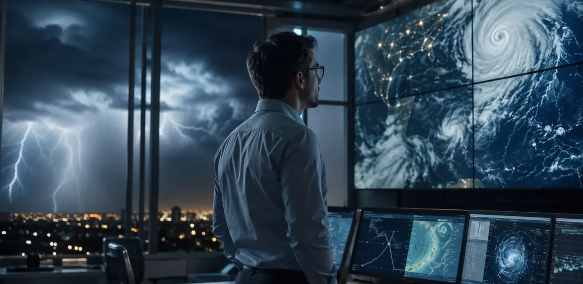 Atmospheric scientist monitoring satellite weather systems and a developing storm