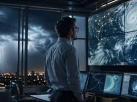 Atmospheric scientist monitoring satellite weather systems and a developing storm