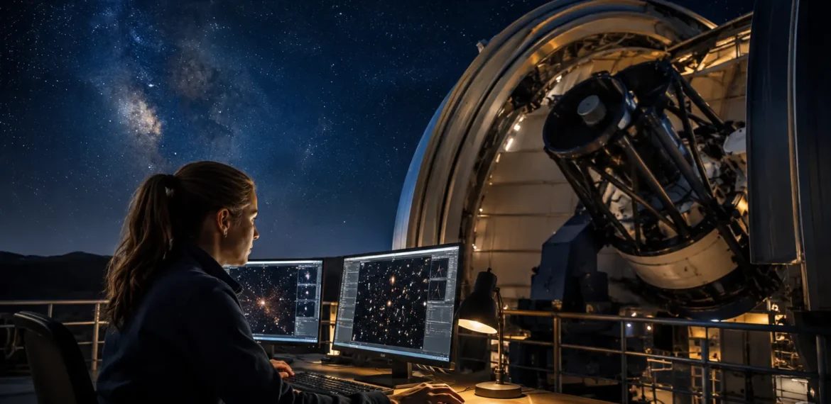 Astronomer analysing deep-sky data beside a large observatory telescope