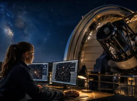 Astronomer analysing deep-sky data beside a large observatory telescope
