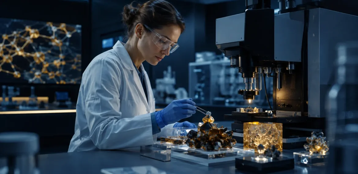 Materials scientist examining novel crystalline samples in an advanced laboratory