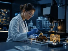 Materials scientist examining novel crystalline samples in an advanced laboratory