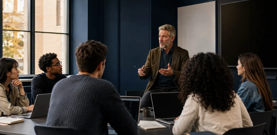 University students critically discussing AI-assisted work with their lecturer
