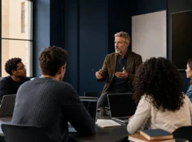 University students critically discussing AI-assisted work with their lecturer