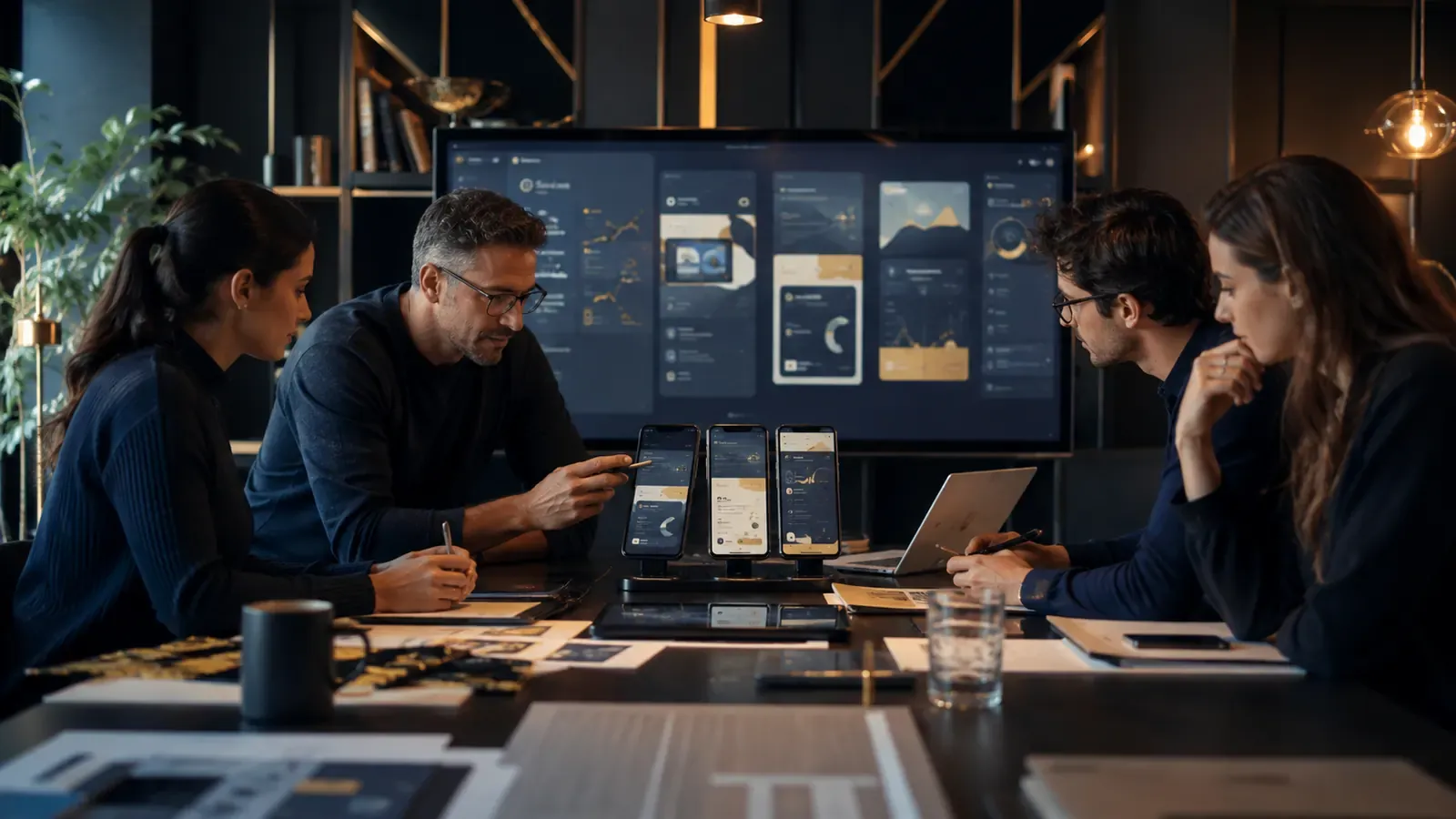 Software development team designing secure digital products and reviewing code